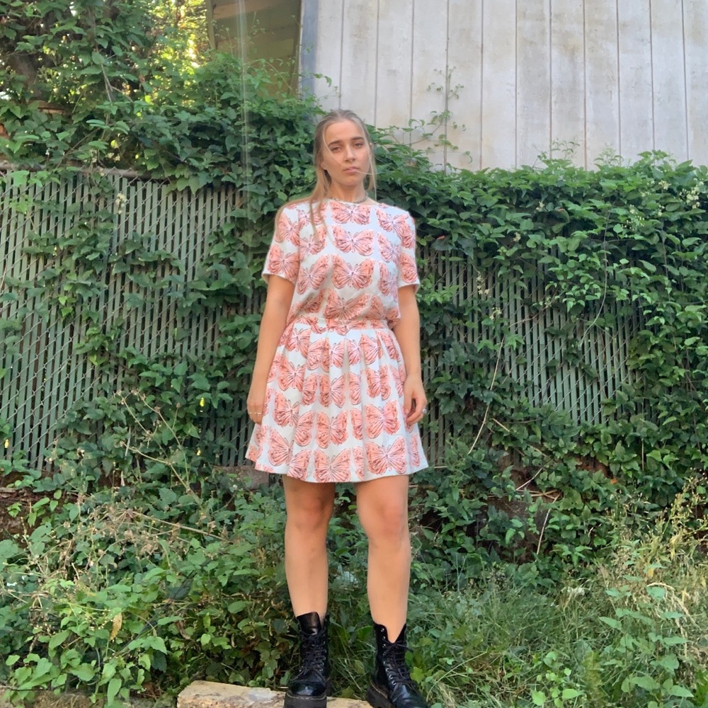 Two piece crop top and skirt with butterflies